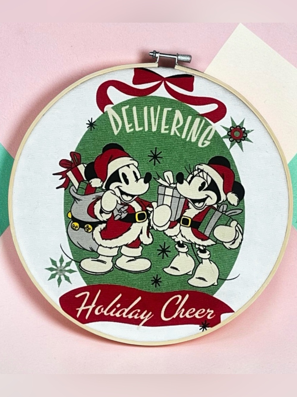 Disney Mickey & Minnie Holiday Hoop Art - Red, Green, White 2 Hand Crafted